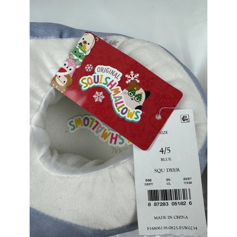 Squishmallows Blue Deer Plush Slippers Kids Size 4/5 Holiday‎ Snowflake New